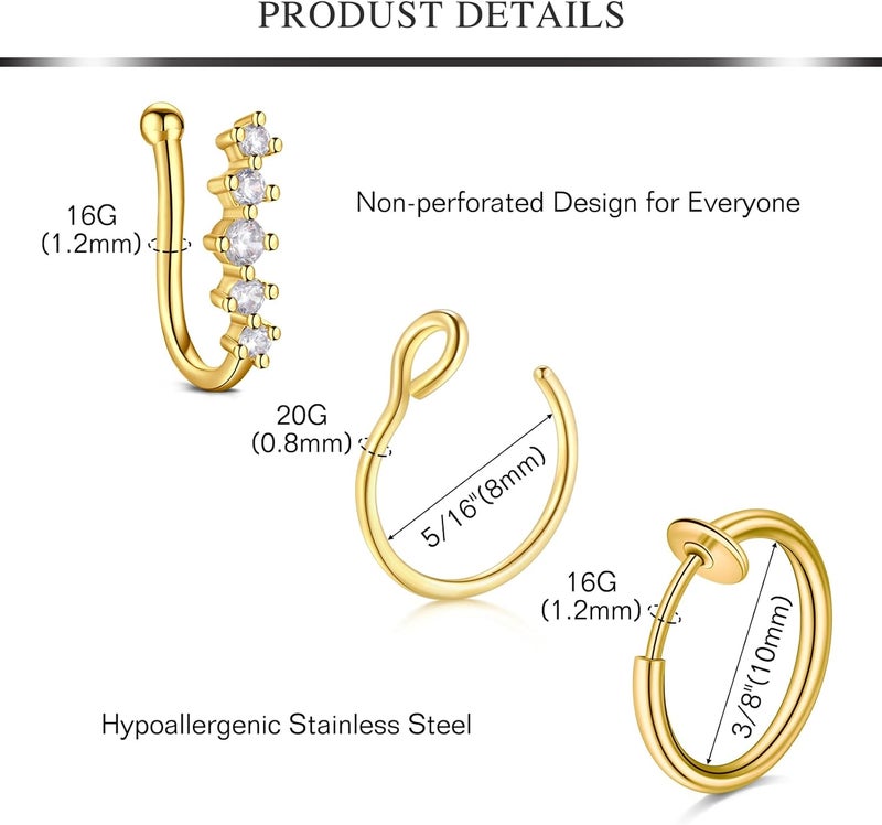 AVYRING Fake Nose Ring Fake Piercings Fake Nose Rings Nose Cuffs Fake Nose Piercing Fake Nose Hoop Faux Nose Rings for Women Faux Nose Ring Fake Piercing Fake Nose Cuff Sliver Gold Black - Image 2
